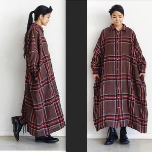 Ichi Antiquities Wool Tartan Shirt Maxi Dress Brown One Size Made in Japan